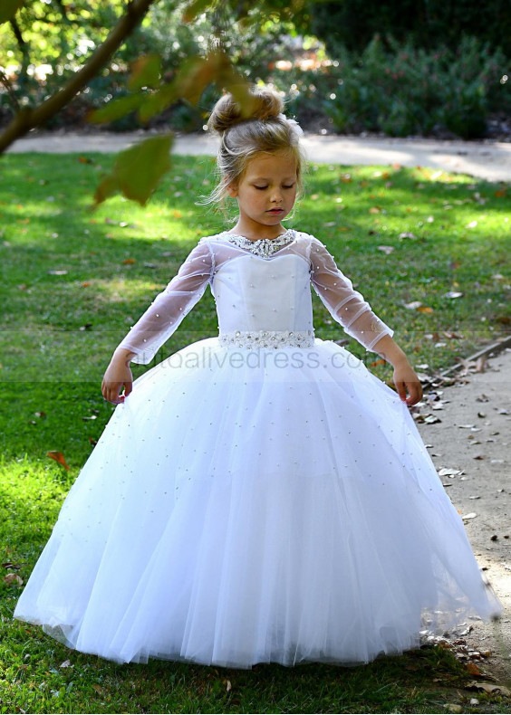 Long Sleeve Beaded White Tulle Flower Girl Dress